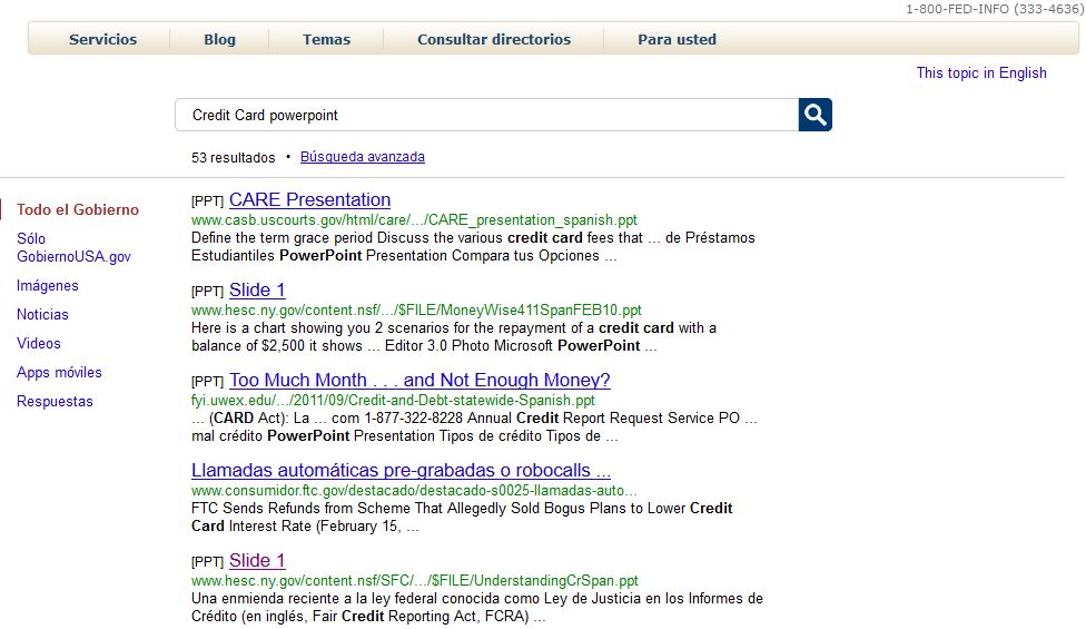 Searching "Credit Card Powerpoint" in USA.GOV's Spanish Site
